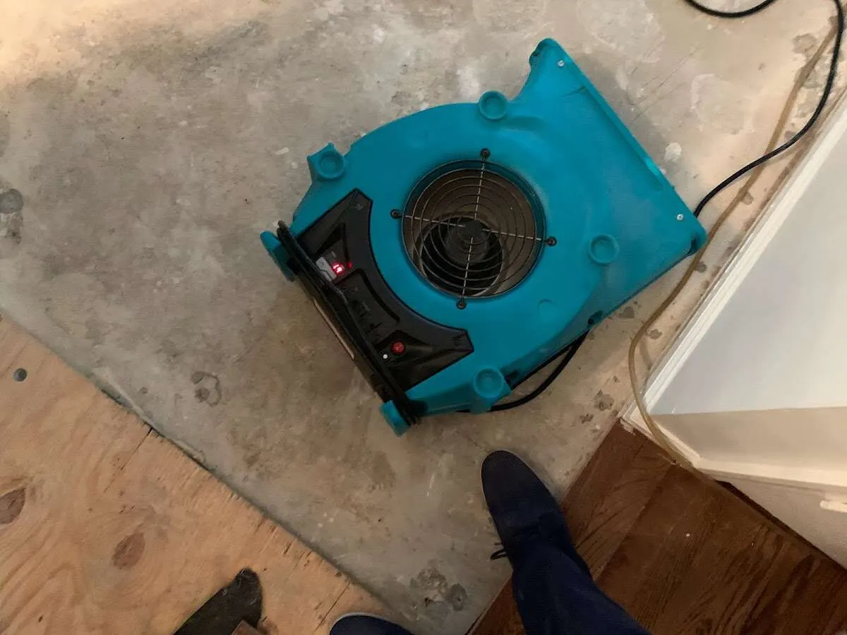 Air mover drying subfloor during Leak Detection & Repair in North East